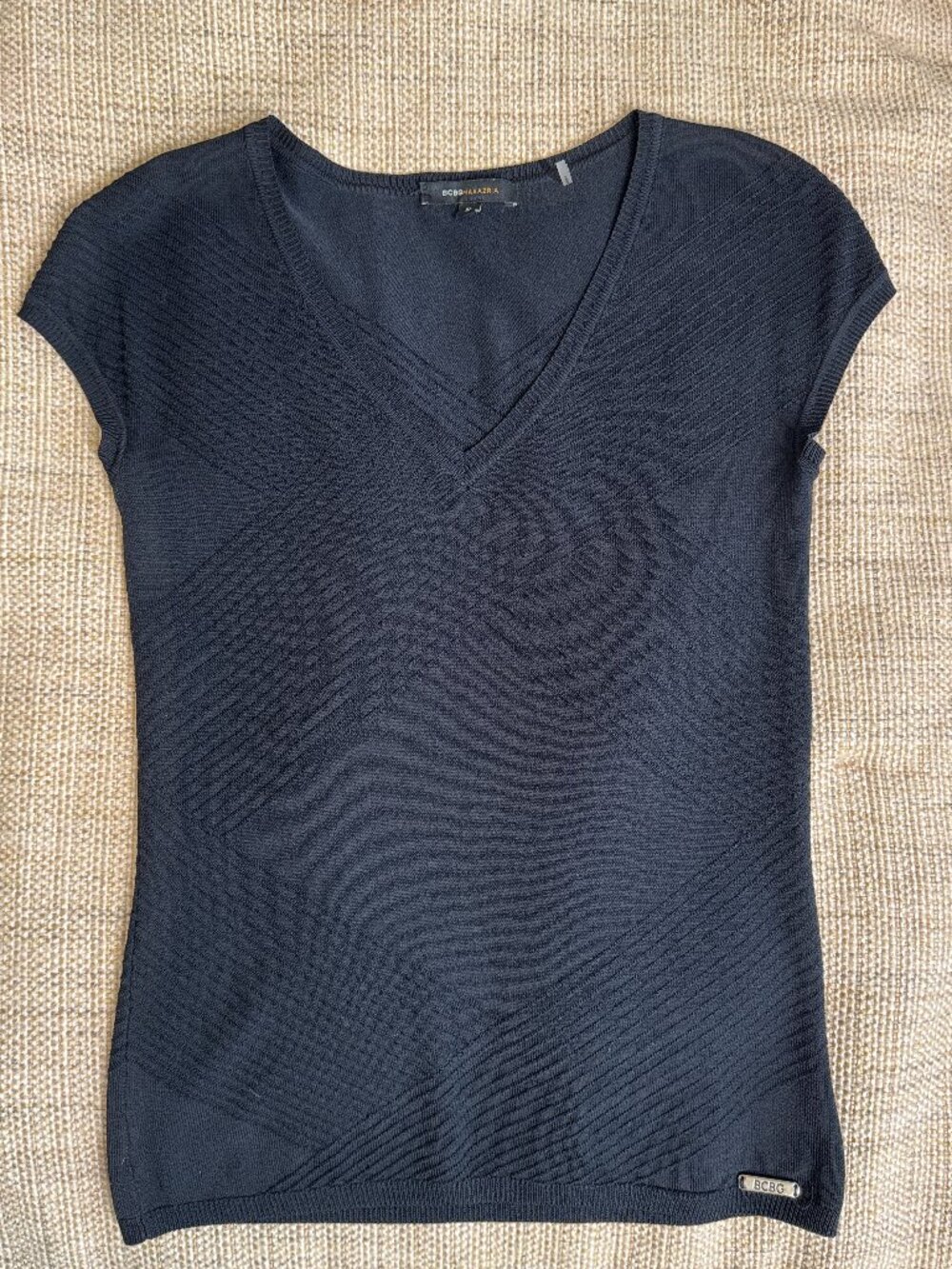 BCBGMaxAzria Basic Black V Neck Textured Knit Cap Sleeve Sweater Size Small